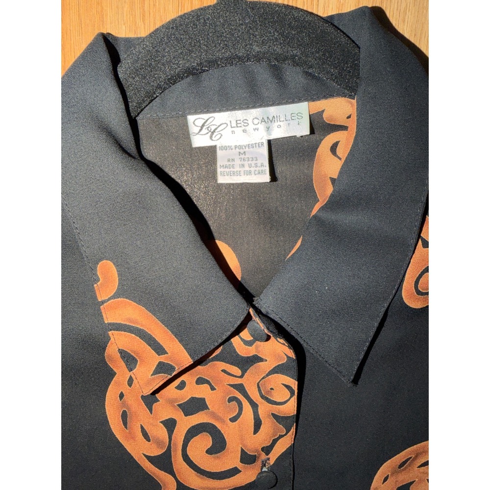 Les Camilles New York Black Copper Abstract Swirl Print Button Down Blouse M - Picture 2 of 4